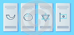 Set line Jewish sweet bakery, Star of David, Traditional ram horn, shofar and Flag Israel icon. Vector