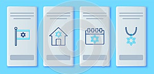 Set line Jewish synagogue, calendar, Flag of Israel and Star David necklace on chain icon. Vector