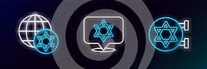 Set line Jewish synagogue, World Globe and Israel and Star of David icon. Glowing neon. Vector