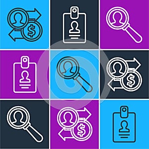 Set line Job promotion exchange money, Magnifying glass for search a people and Identification badge icon. Vector