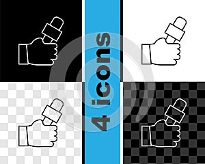 Set line Journalist hand holding microphones performing interview icon isolated on black and white, transparent