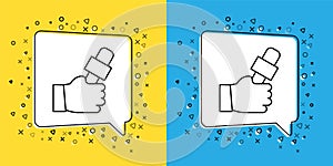 Set line Journalist hand holding microphones performing interview icon isolated on yellow and blue background. Vector