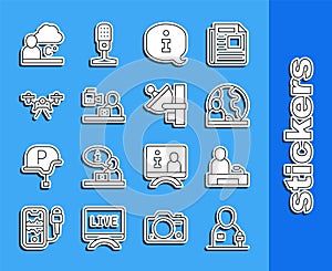 Set line Journalist news, Television report, World, Information, Breaking, Drone, Weather forecast and Radar icon