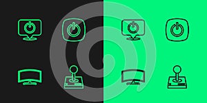 Set line Joystick for arcade machine, Computer monitor, Power button and icon. Vector