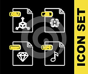 Set line JS file document, MP3, RUBY and OBJ icon. Vector