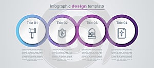 Set line Judge gavel, Justice law in shield, Flasher siren and Holy bible book. Business infographic template. Vector