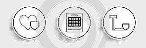 Set line Judge gavel with shield, Heart and Report file document icon. Vector
