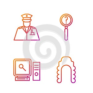 Set line Judge wig, Search on computer screen, Police officer and Magnifying glass with search. Gradient color icons