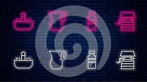 Set line Jug glass with water, Bottle of, Washbasin tap and Well bucket. Glowing neon icon on brick wall. Vector