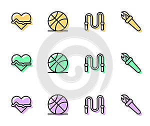 Set line Jump rope, Heart rate, Basketball ball and Torch flame icon. Vector
