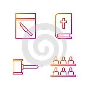 Set line Jurors, Judge gavel, Evidence bag and knife and Holy bible book. Gradient color icons. Vector