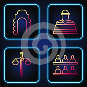 Set line Jurors, Scales of justice, Judge wig and Prisoner. Gradient color icons. Vector