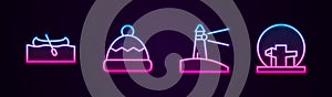 Set line Kayak or canoe, Beanie hat, Lighthouse and Montreal Biosphere. Glowing neon icon. Vector