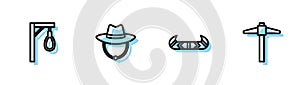 Set line Kayak or canoe and paddle, Gallows, Western cowboy hat and Pickaxe icon. Vector
