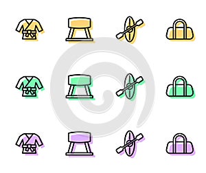 Set line Kayak and paddle, Kimono, Pommel horse and Sport bag icon. Vector