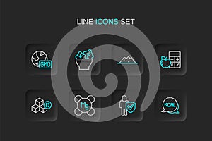 Set line Kcal, Healthy lifestyle, Magnesium, No sugar free, Calorie calculator, Salt, Salad in bowl and GMO icon. Vector