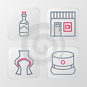 Set line Kepi, Frog legs, Coffee shop and Bottles wine icon. Vector