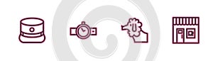 Set line Kepi, Poodle dog, Wrist watch and Coffee shop icon. Vector