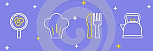 Set line Kettle with handle, Crossed knife fork, Chef hat and Fried eggs on frying pan icon. Vector