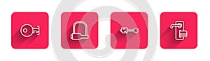 Set line Key, Bicycle lock, Old key and Digital door with long shadow. Red square button. Vector