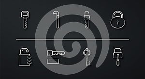 Set line Key, Safe combination lock, Lock, Old key, Marked, Crowbar, picks for picking and Unlocked icon. Vector