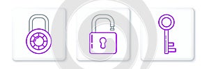 Set line Key, Safe combination lock wheel and Open padlock icon. Vector