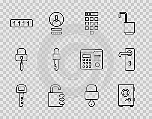 Set line Key, Safe, Password protection, combination lock, Locked key, and and Door handle icon. Vector