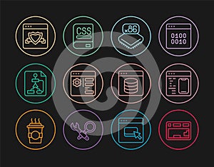 Set line Keyboard, Software, Processor with microcircuits CPU, Browser setting, Flowchart, shield, Server, Data, Web