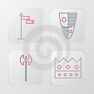 Set line King crown, Medieval axe, Shield and flag icon. Vector