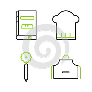 Set line Kitchen apron, Pizza knife, Chef hat and Cookbook icon. Vector