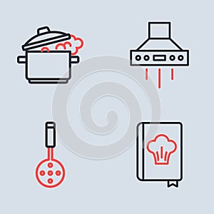 Set line Kitchen extractor fan, Spatula, Cookbook and Cooking pot icon. Vector