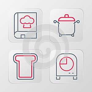 Set line Kitchen timer, Bread toast, Cooking pot and Cookbook icon. Vector