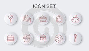 Set line Kitchen whisk, Cake, Flour bowl, Cookie or biscuit, Lollipop, Piece of cake, Ice cream in and Coffee cup to go