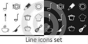 Set line Kitchen whisk, Chef hat, Grater, ladle, Fork, Cooking pot and Plate, fork and knife icon. Vector