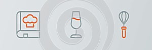 Set line Kitchen whisk, Cookbook and Wine glass icon. Vector