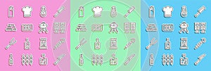 Set line Knife, Grilled shish kebab, Stereo speaker, Salt, Barbecue, Wooden logs, Lighter and grill icon. Vector