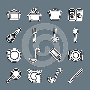 Set line Knife, Plate, fork and knife, Spoon, Cooking pot, Fork, Kitchen whisk, and ladle icon. Vector