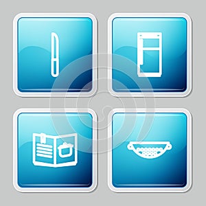 Set line Knife, Refrigerator, Cookbook and Kitchen colander icon. Vector