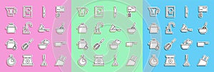 Set line Knife, Saucepan, Kitchen whisk with bowl, Water tap, Cooking pot, Measuring cup and Frying icon. Vector
