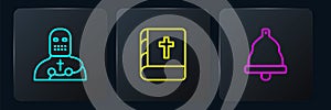 Set line Knight crusader, Church bell and Holy bible book. Black square button. Vector