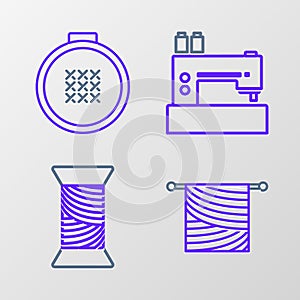 Set line Knitting, Sewing thread on spool, machine and Round adjustable embroidery hoop icon. Vector
