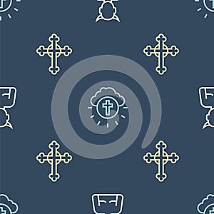 Set line Krampus, heck, Christian cross and Religious in circle on seamless pattern. Vector
