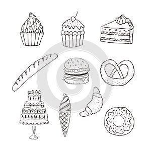 Set of line labels : confectionery, baked ware, fastfood, ice cream