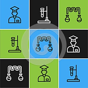 Set line Laboratory assistant, Test tube and flask and on fire icon. Vector