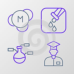 Set line Laboratory assistant, Test tube and flask, and Molecule icon. Vector
