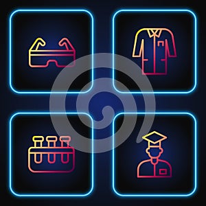 Set line Laboratory assistant, Test tube and flask, Safety goggle glasses and uniform. Gradient color icons. Vector