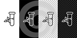 Set line Laboratory glass and leaves icon isolated on black and white background. Chemical test tube with leaf. Eco Lab