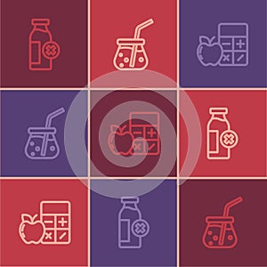 Set line Lactose intolerance, Calorie calculator and Fresh smoothie icon. Vector