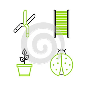 Set line Ladybug, Plant in pot, Wooden staircase and Gardening handmade scissors icon. Vector