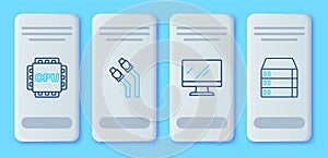 Set line LAN cable network internet, Computer monitor screen, Processor with CPU and Server, Data, Web Hosting icon